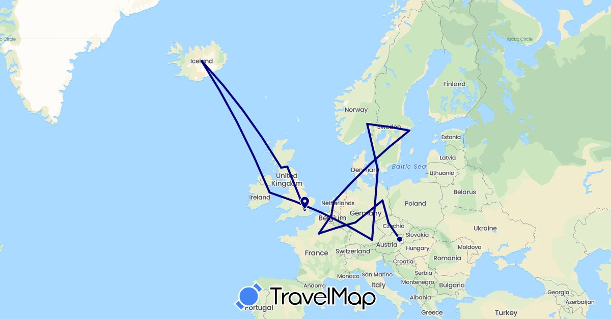 TravelMap itinerary: driving in Austria, Belgium, Czech Republic, Germany, Denmark, France, United Kingdom, Ireland, Iceland, Netherlands, Norway, Sweden (Europe)