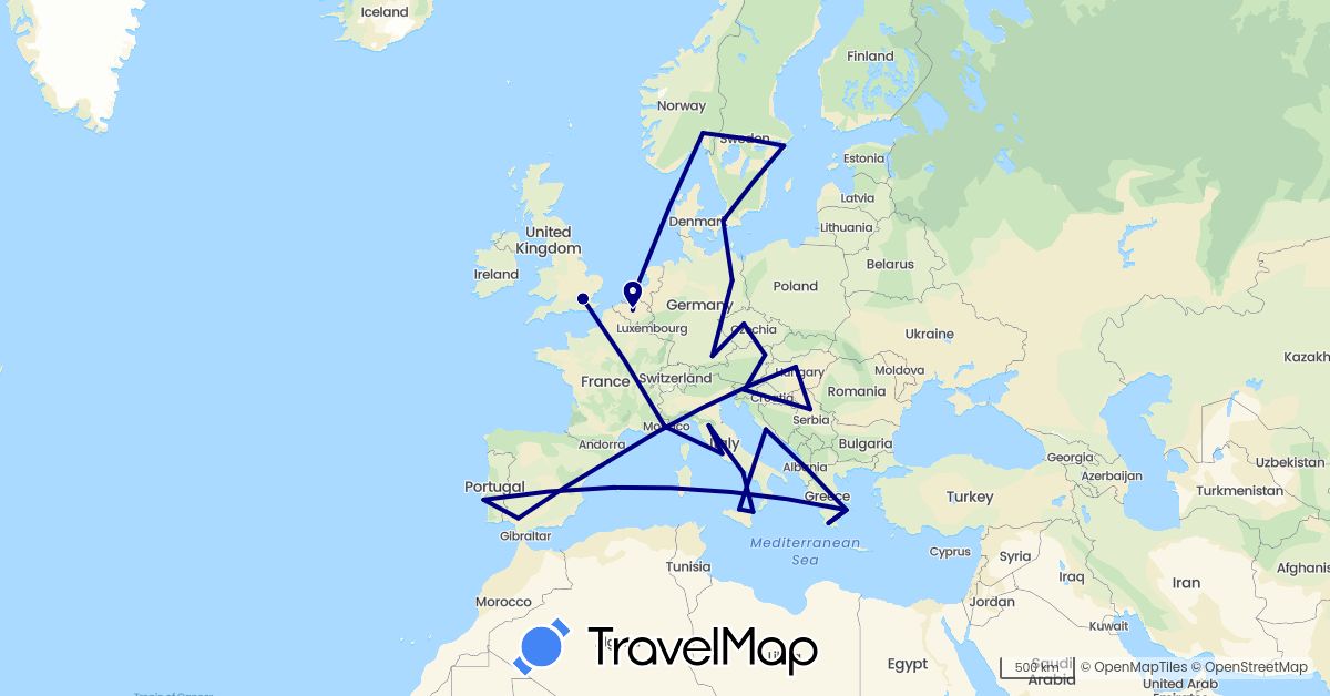 TravelMap itinerary: driving in Austria, Belgium, Czech Republic, Germany, Denmark, Spain, France, United Kingdom, Greece, Croatia, Hungary, Italy, Netherlands, Norway, Portugal, Serbia, Sweden, Slovenia (Europe)